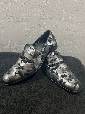 🔥🔥 AFTER MIDNIGHT Silver Black Camo Slip On Loafers Dress Shoes Men Sz 13 - EUC